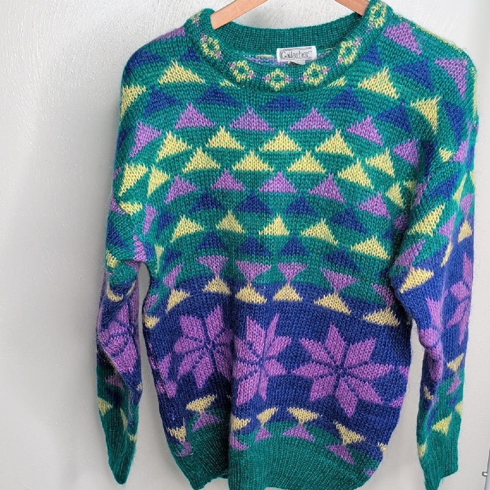 Vibrant Geometric Sweater in Green, Purple, and Yellow